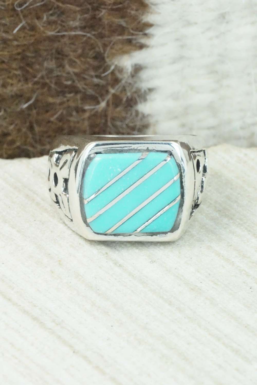 Turquoise & Sterling Silver Inlay Ring - Leslie & Gladys Lamy - Size 10