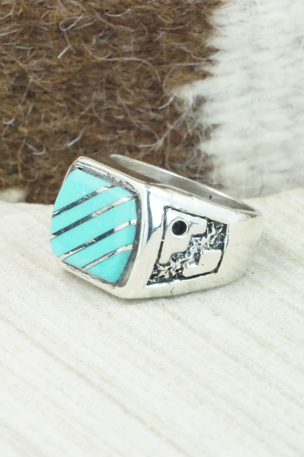 Turquoise & Sterling Silver Inlay Ring - Leslie & Gladys Lamy - Size 10