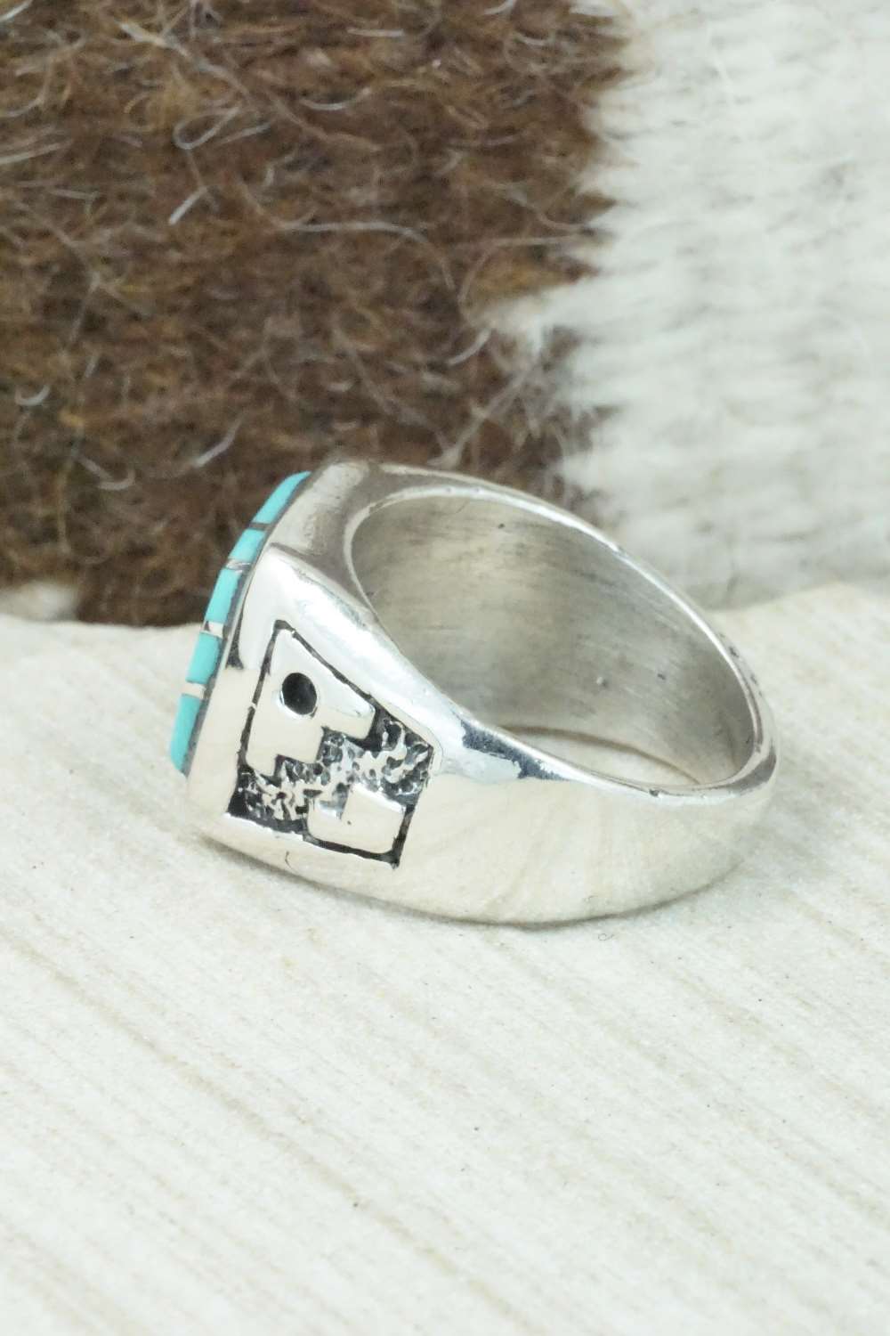 Turquoise & Sterling Silver Inlay Ring - Leslie & Gladys Lamy - Size 10