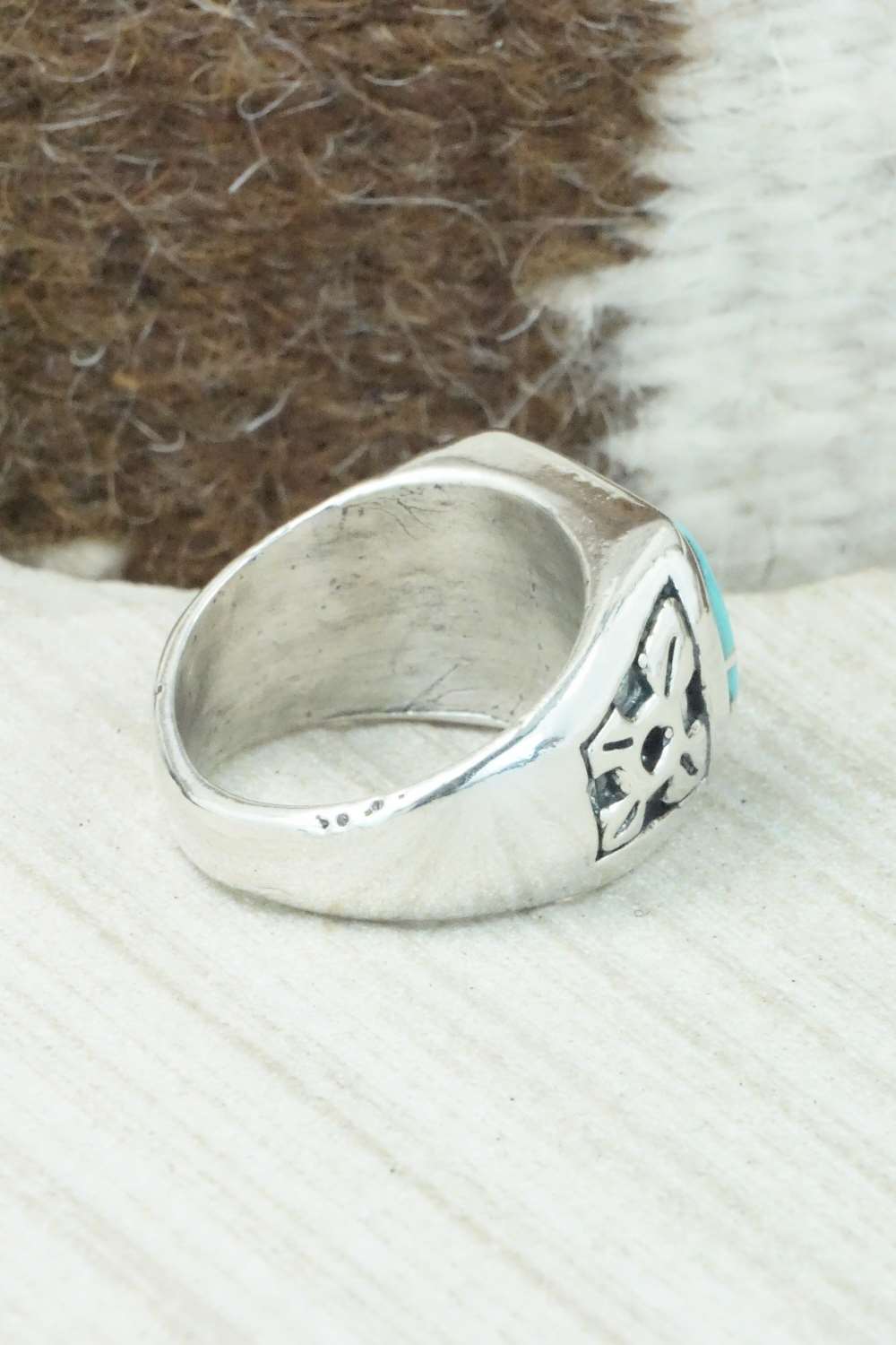 Turquoise & Sterling Silver Inlay Ring - Leslie & Gladys Lamy - Size 10