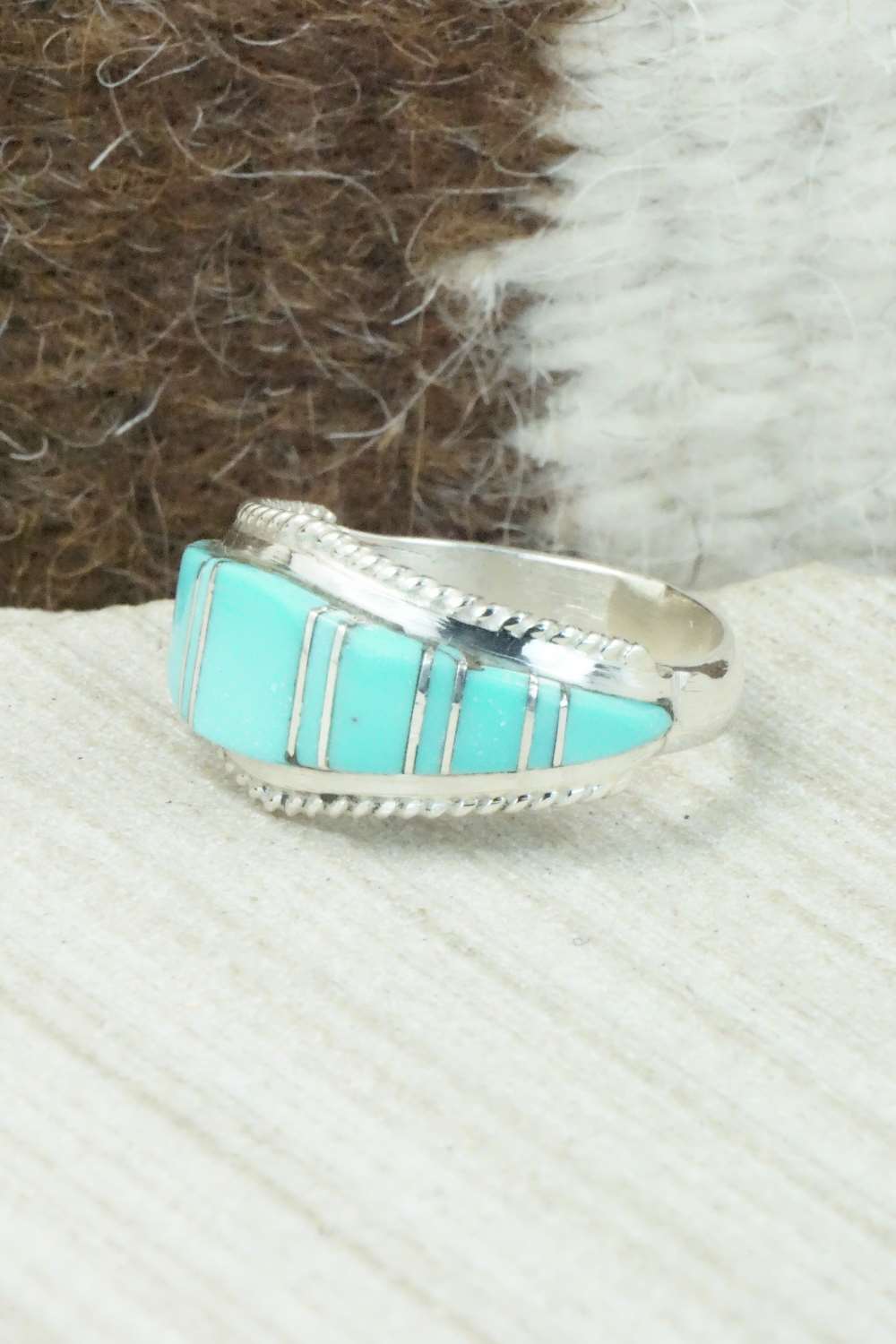 Turquoise & Sterling Silver Inlay Ring - Dierdre Panteah - Size 12.25