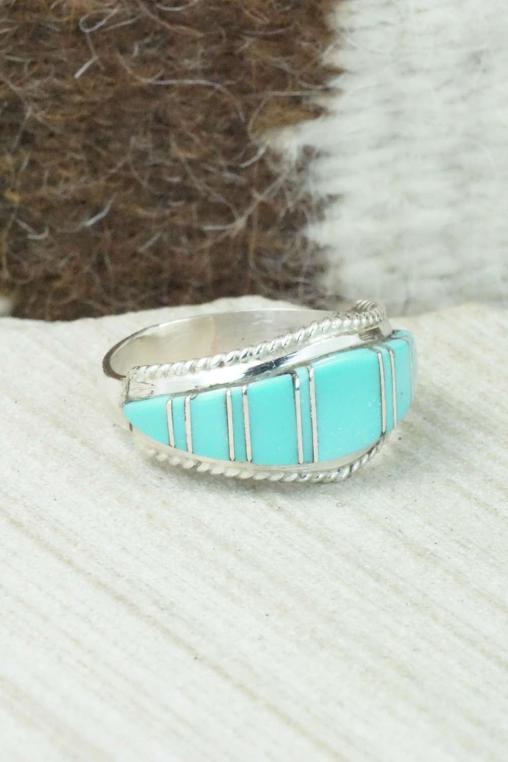 Turquoise & Sterling Silver Inlay Ring - Dierdre Panteah - Size 12.25