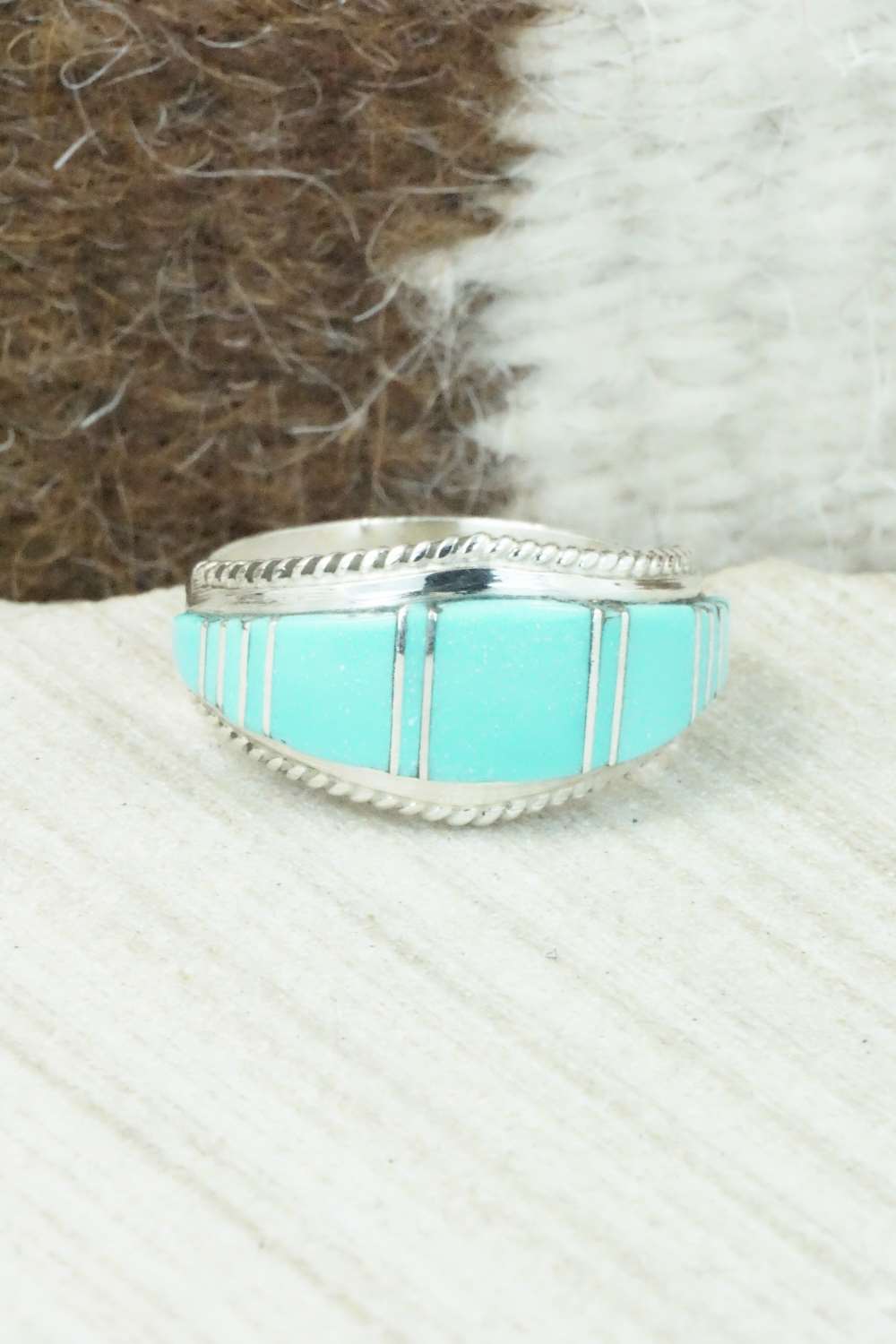 Turquoise & Sterling Silver Inlay Ring - Dierdre Panteah - Size 10.5