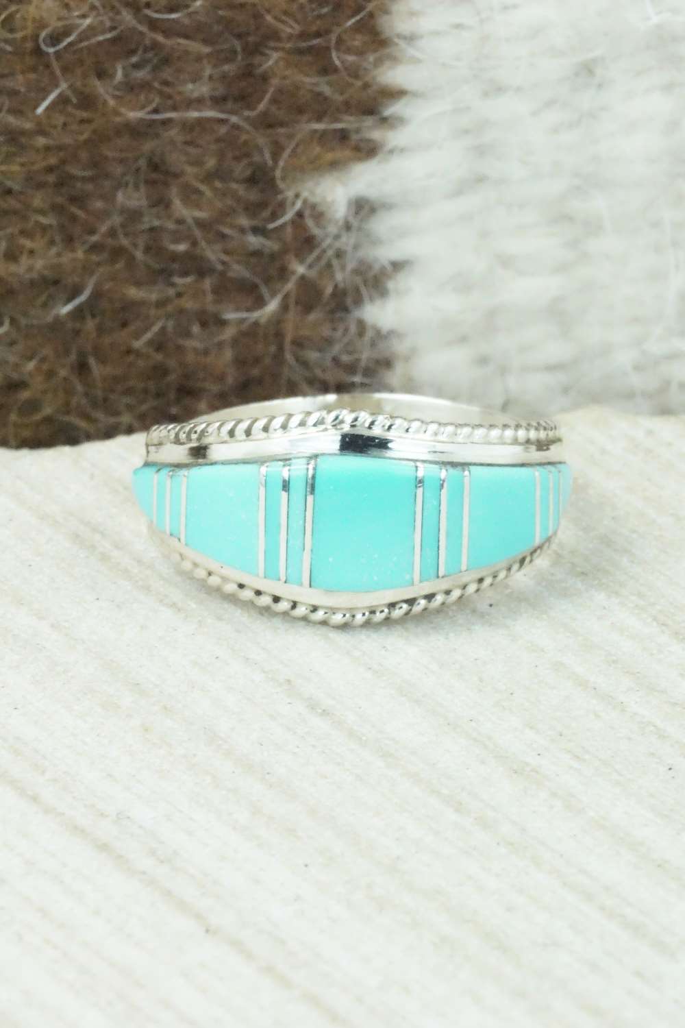Turquoise & Sterling Silver Inlay Ring - Dierdre Panteah - Size 12