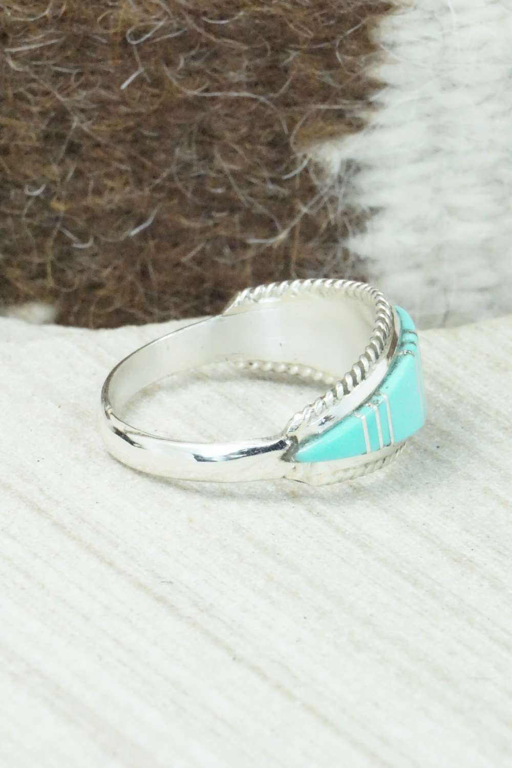 Turquoise & Sterling Silver Inlay Ring - Dierdre Panteah - Size 12