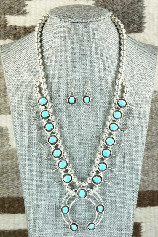 Turquoise & Sterling Silver Squash Blossom and Earrings - Phil Garcia