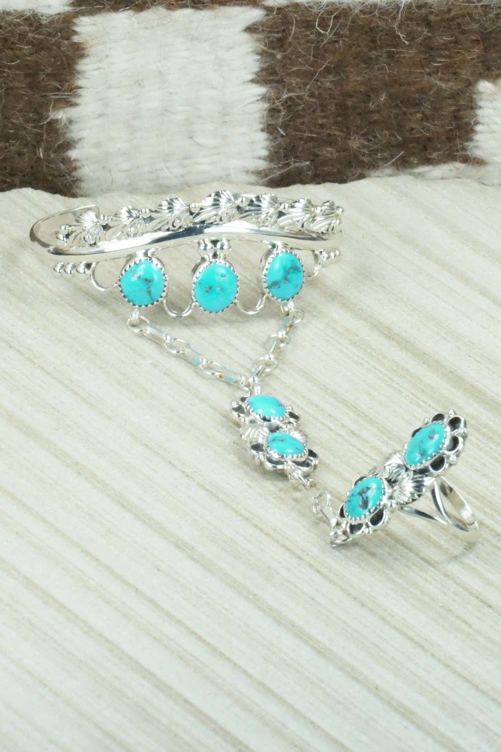 Turquoise & Sterling Silver Princess Bracelet & Ring - Size 8