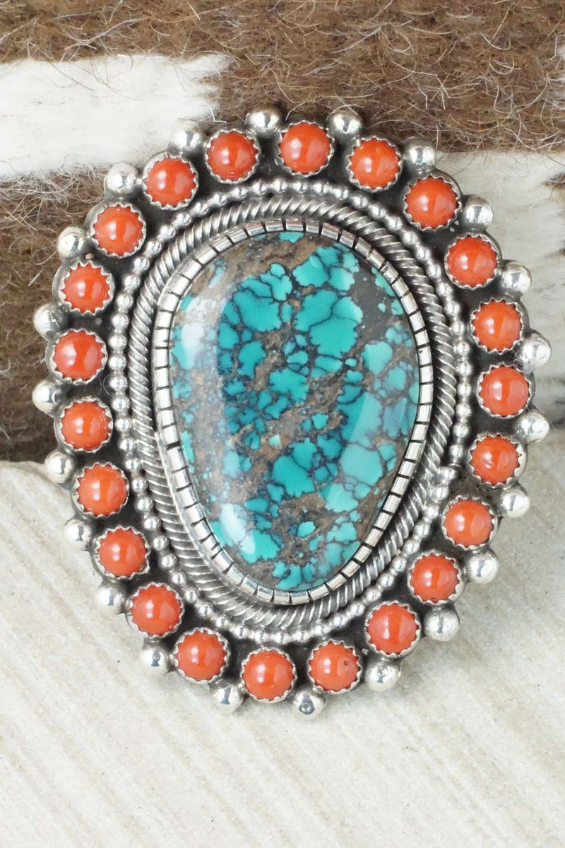 Coral, Turquoise & Sterling Silver Ring - Hemerson Brown - Size 9.75