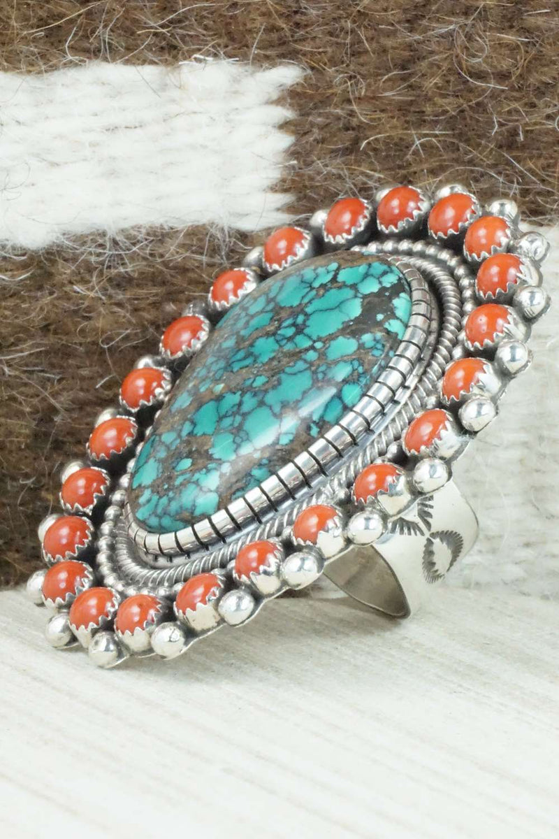 Coral, Turquoise & Sterling Silver Ring - Hemerson Brown - Size 9.75