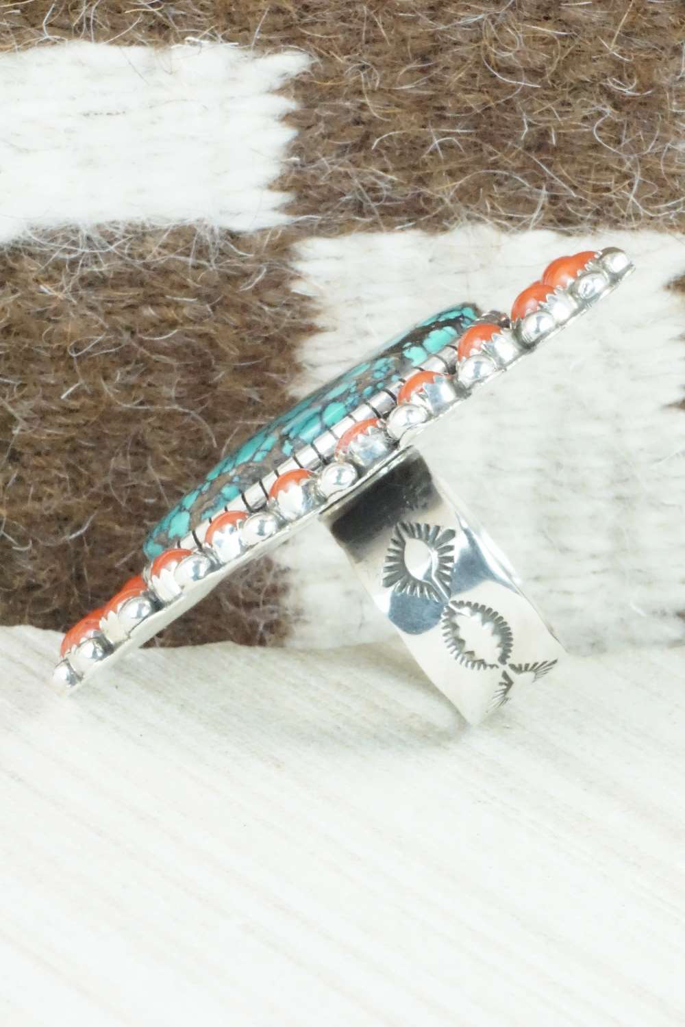 Coral, Turquoise & Sterling Silver Ring - Hemerson Brown - Size 9.75