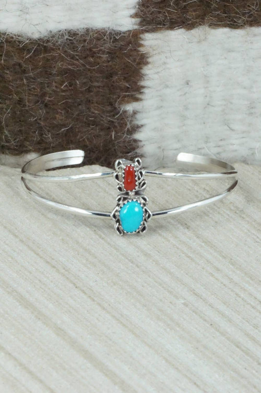 Turquoise, Coral & Sterling Silver Bracelet - Navajo