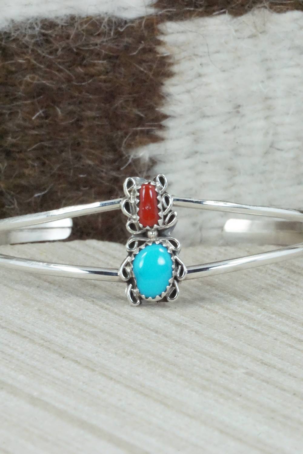 Turquoise, Coral & Sterling Silver Bracelet - Navajo