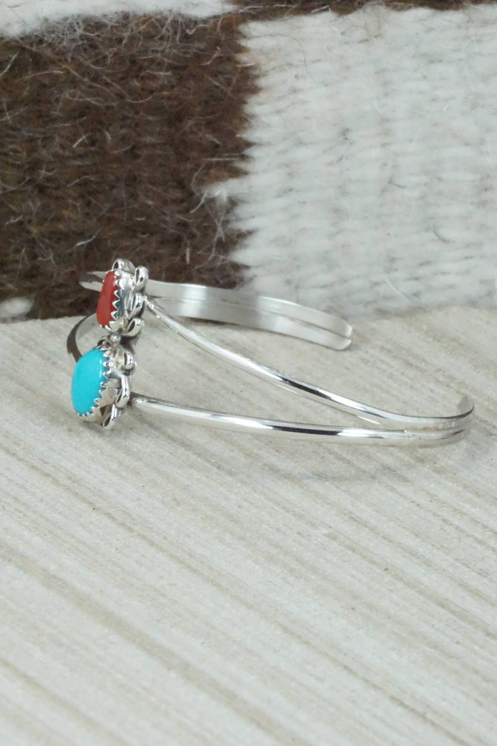 Turquoise, Coral & Sterling Silver Bracelet - Navajo