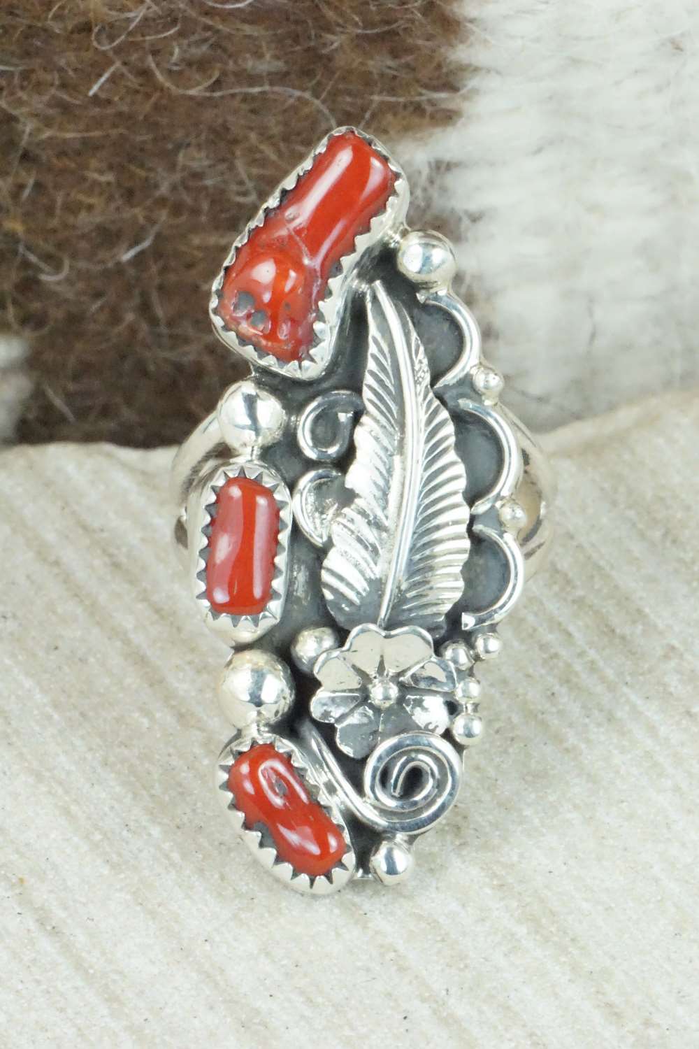 Coral & Sterling Silver Ring - Shirley Largo - Size 8.75