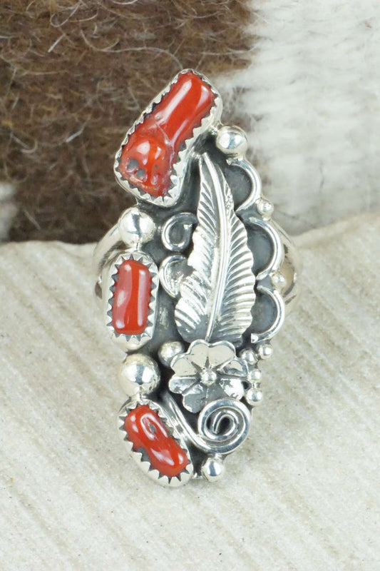 Coral & Sterling Silver Ring - Shirley Largo - Size 8.75