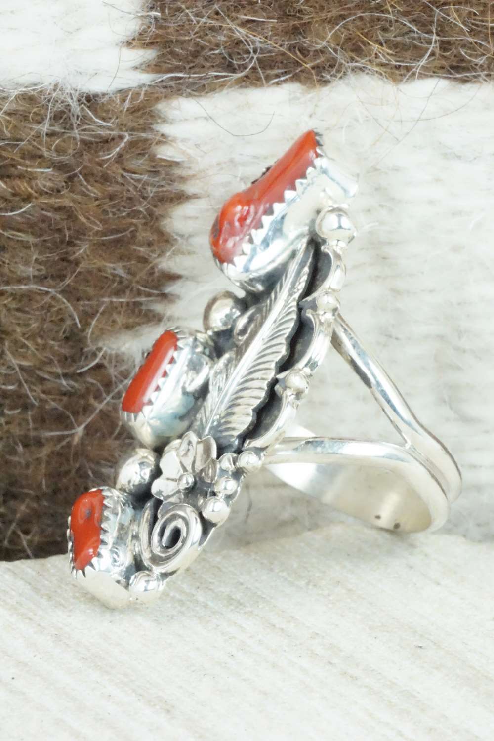 Coral & Sterling Silver Ring - Shirley Largo - Size 8.75
