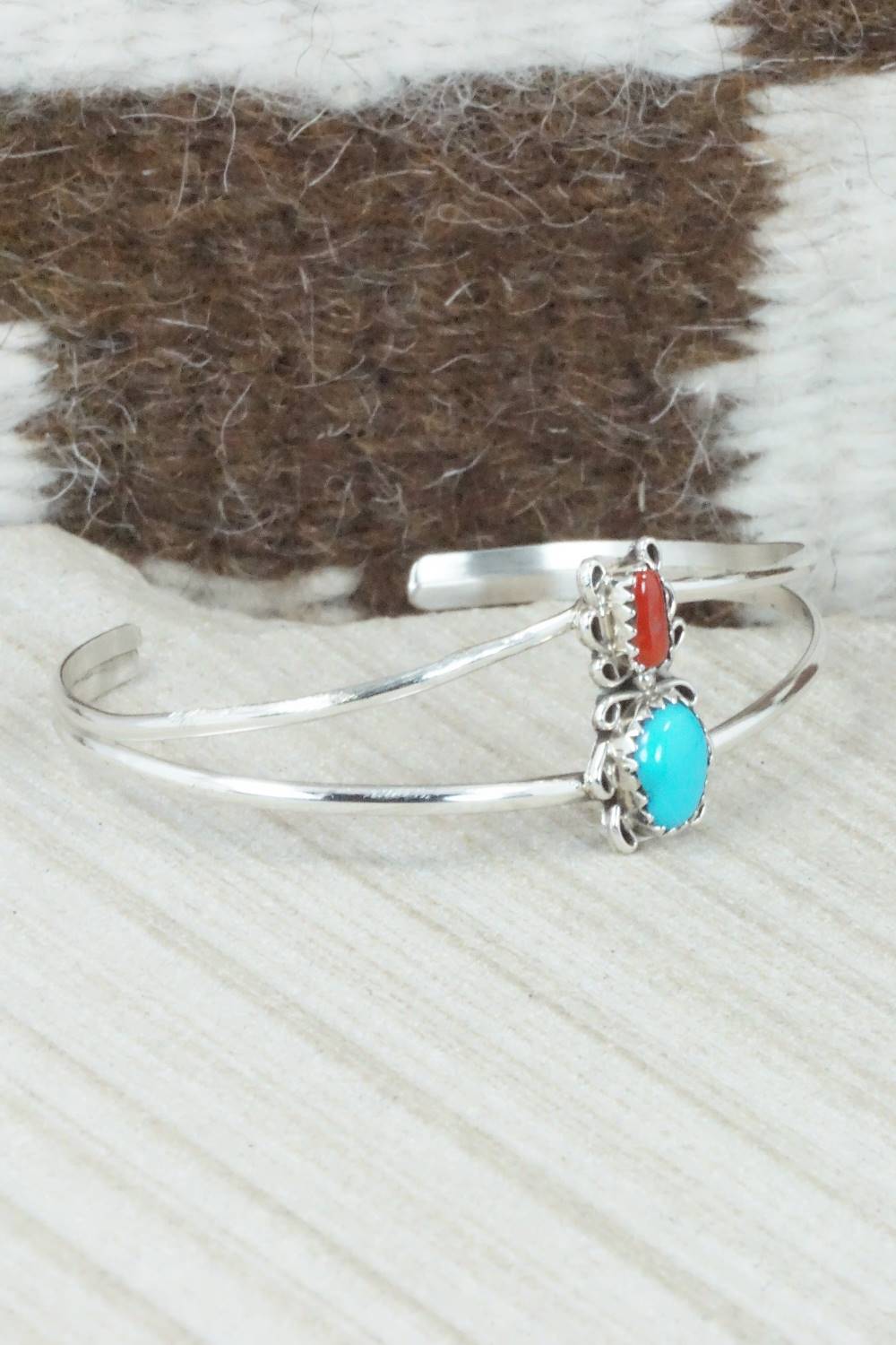 Turquoise, Coral & Sterling Silver Bracelet - Navajo