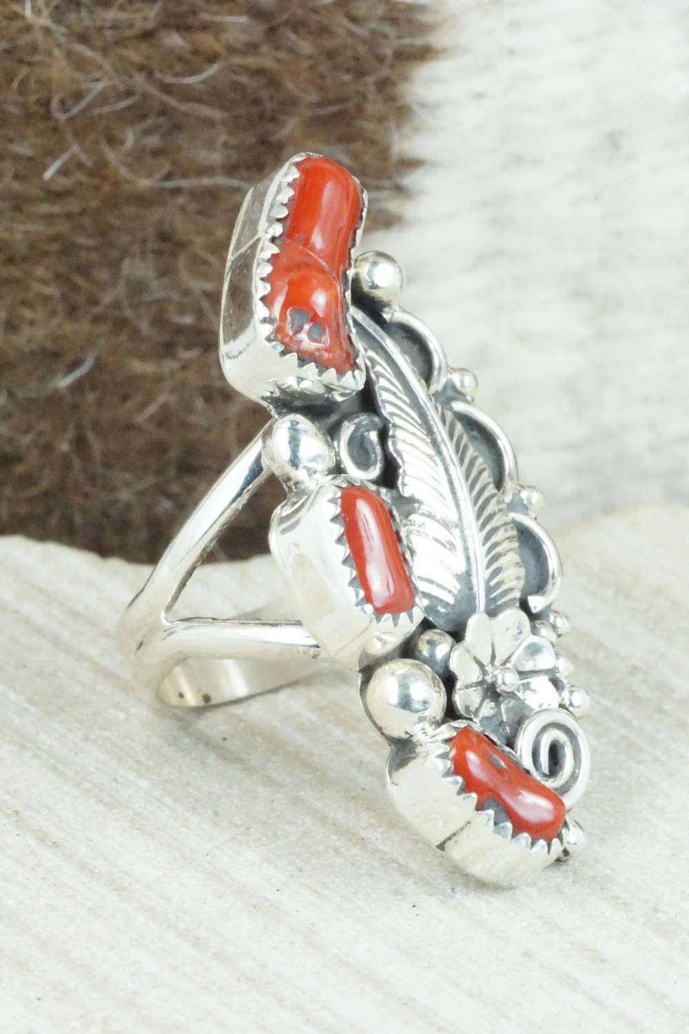 Coral & Sterling Silver Ring - Shirley Largo - Size 8.75