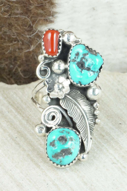 Coral, Turquoise & Sterling Silver Ring - Shirley Largo - Size 8.25