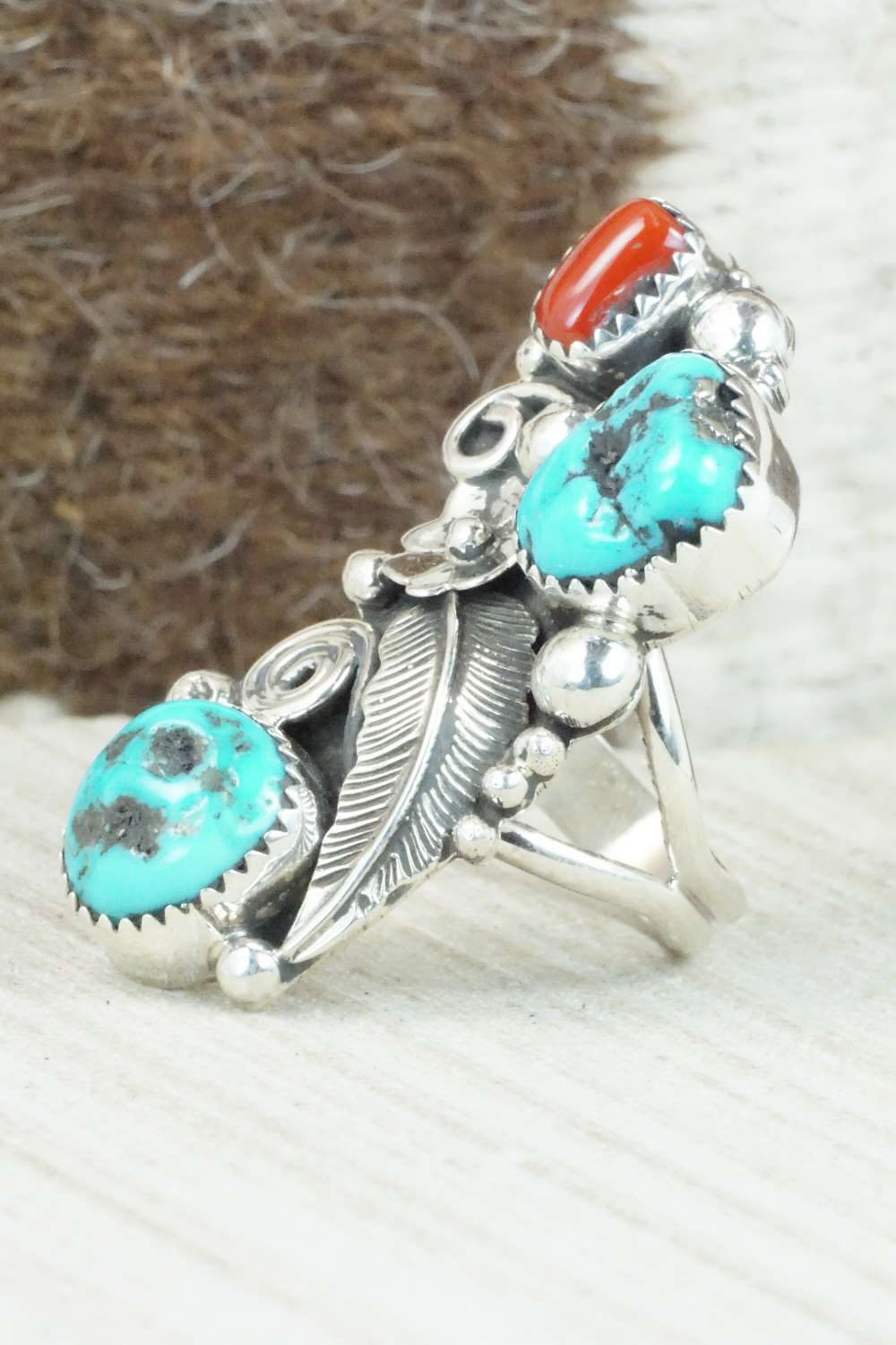 Coral, Turquoise & Sterling Silver Ring - Shirley Largo - Size 8.25