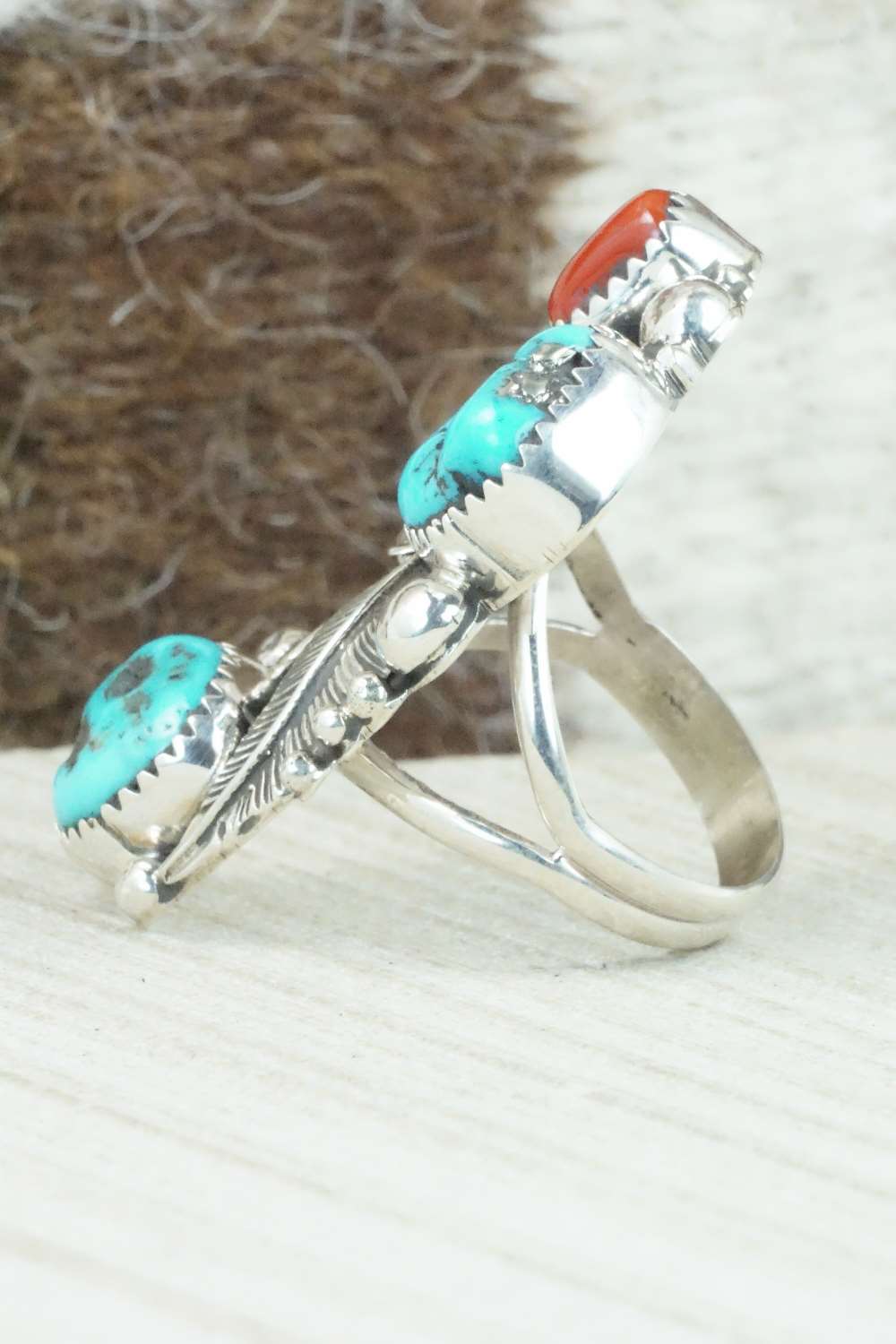 Coral, Turquoise & Sterling Silver Ring - Shirley Largo - Size 8.25