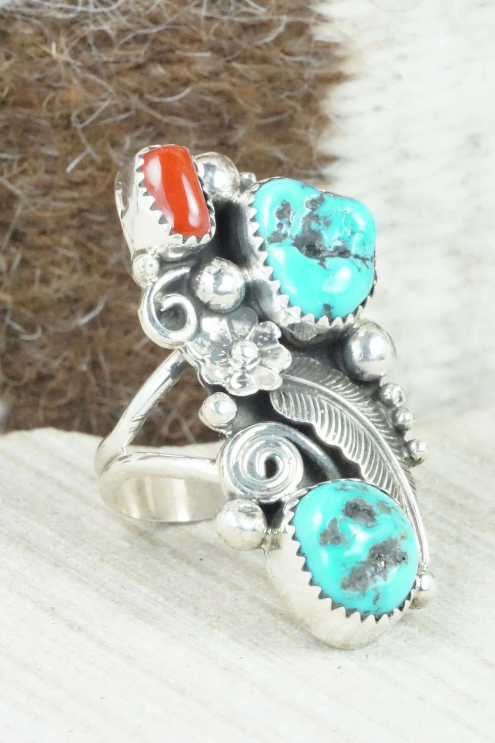 Coral, Turquoise & Sterling Silver Ring - Shirley Largo - Size 8.25