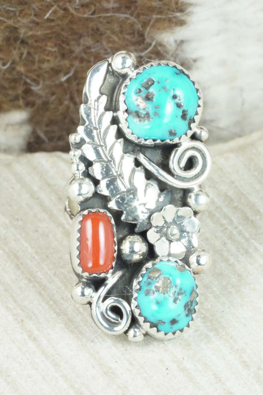 Coral, Turquoise & Sterling Silver Ring - Shirley Largo - Size 8.5