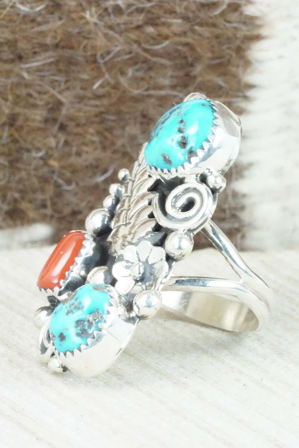 Coral, Turquoise & Sterling Silver Ring - Shirley Largo - Size 8.5