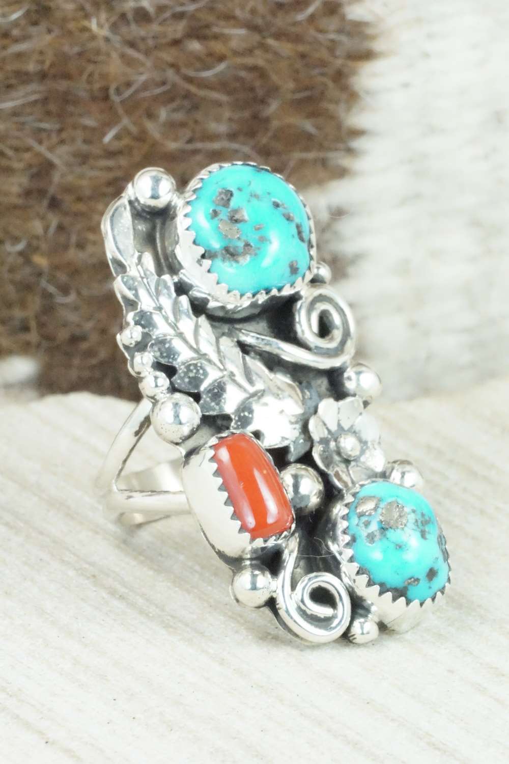 Coral, Turquoise & Sterling Silver Ring - Shirley Largo - Size 8.5