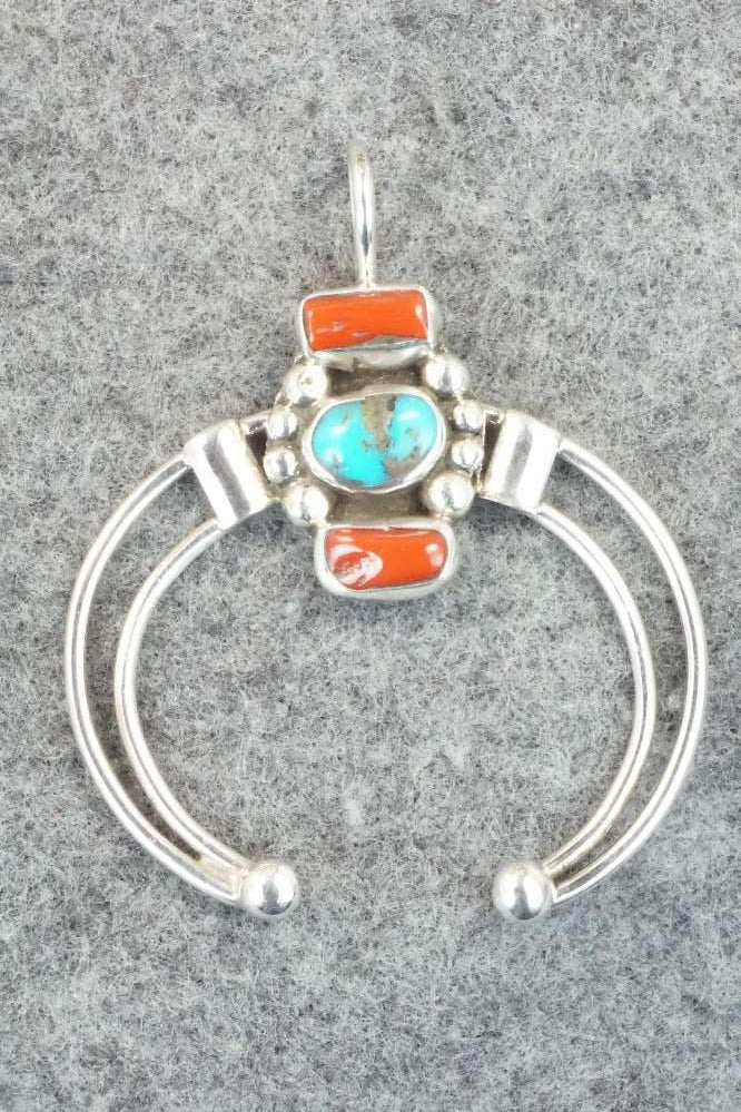 Turquoise, Coral & Sterling Silver Pendant - Priscilla Reeder