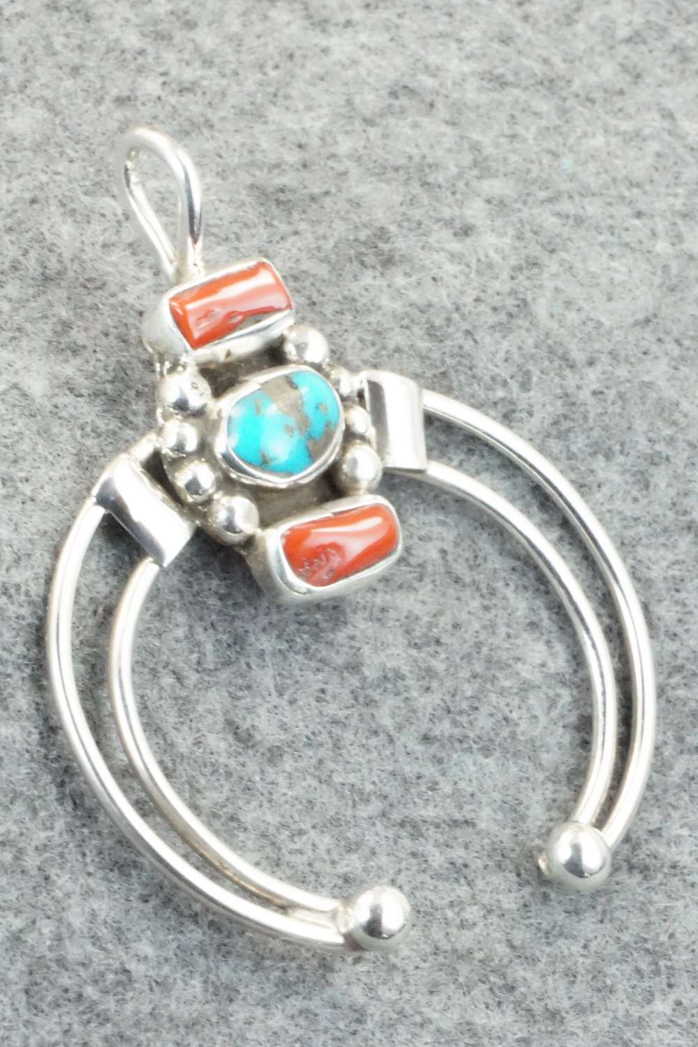 Turquoise, Coral & Sterling Silver Pendant - Priscilla Reeder