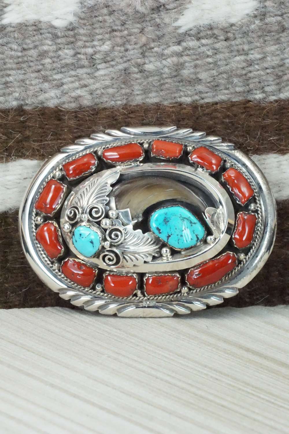Coral, Turquoise & Sterling Silver Belt Buckle - J.W. Toadlena