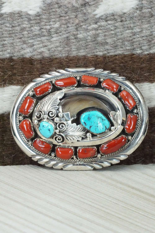 Coral, Turquoise & Sterling Silver Belt Buckle - J.W. Toadlena