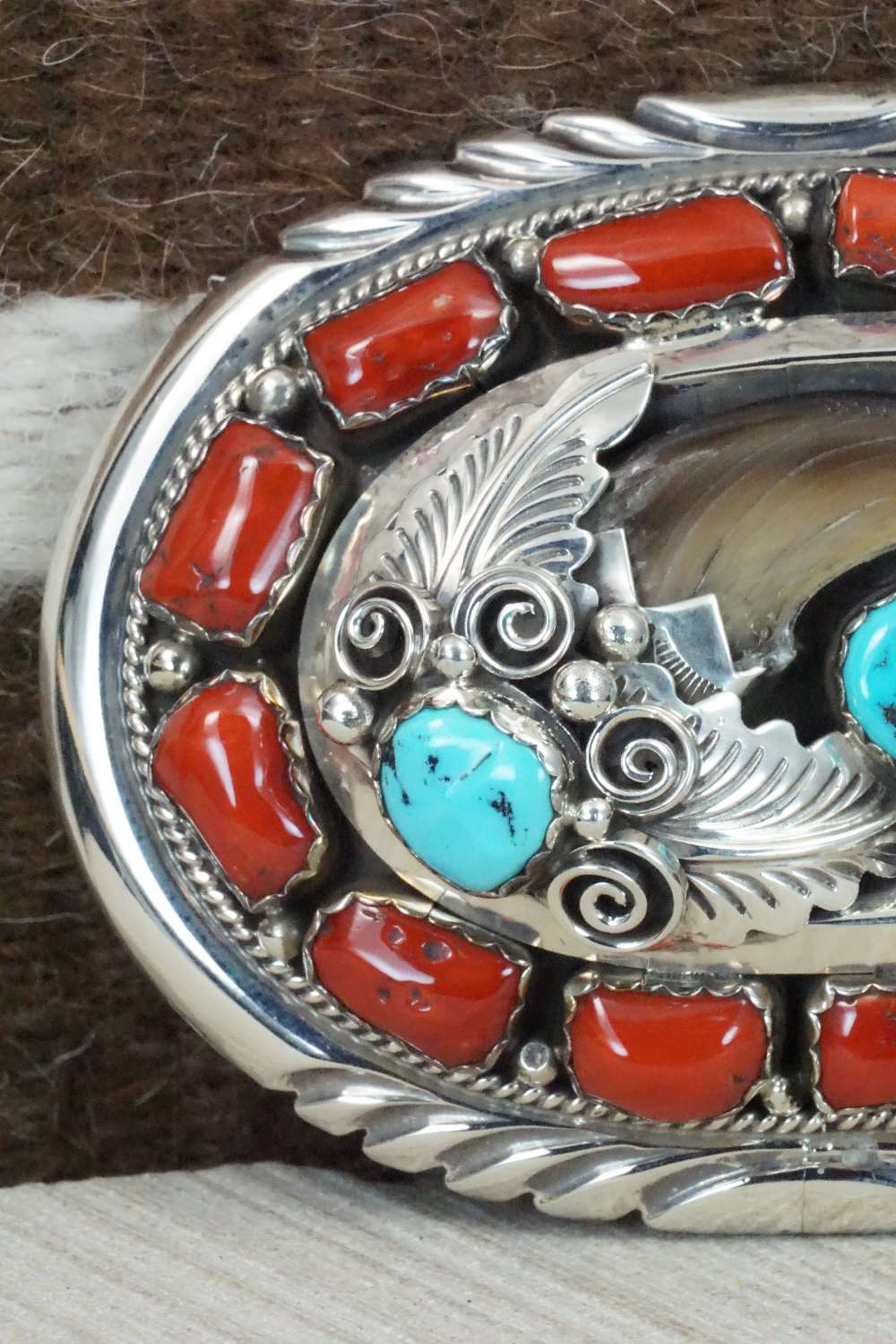 Coral, Turquoise & Sterling Silver Belt Buckle - J.W. Toadlena