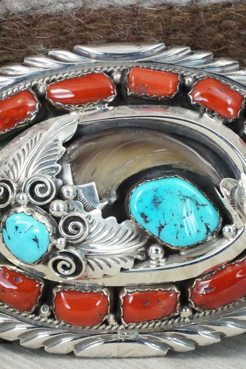 Coral, Turquoise & Sterling Silver Belt Buckle - J.W. Toadlena