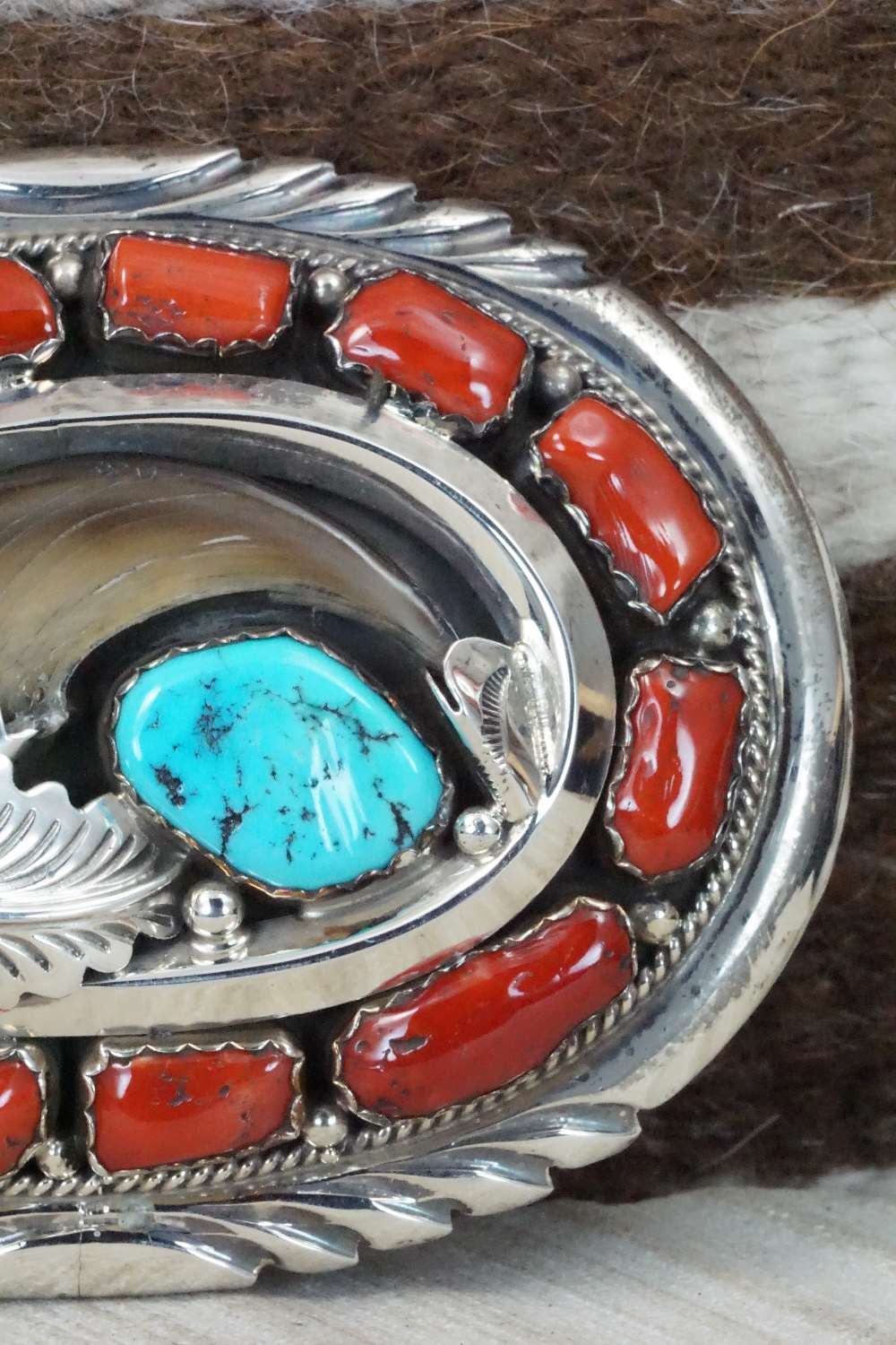 Coral, Turquoise & Sterling Silver Belt Buckle - J.W. Toadlena