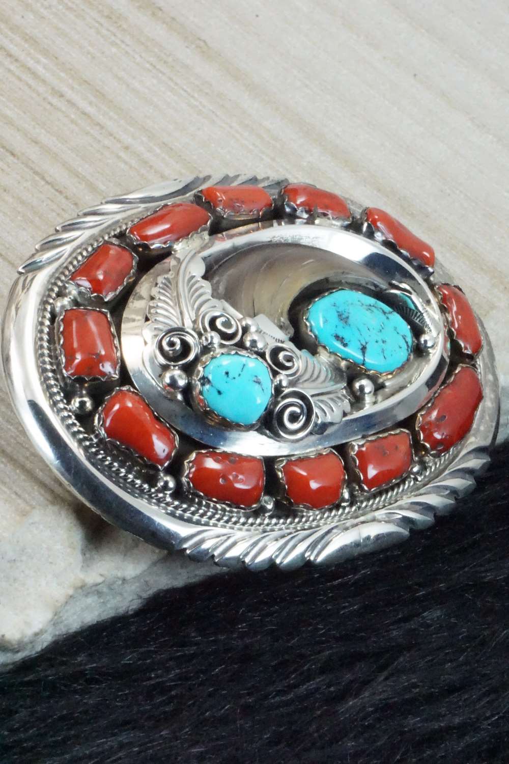 Coral, Turquoise & Sterling Silver Belt Buckle - J.W. Toadlena