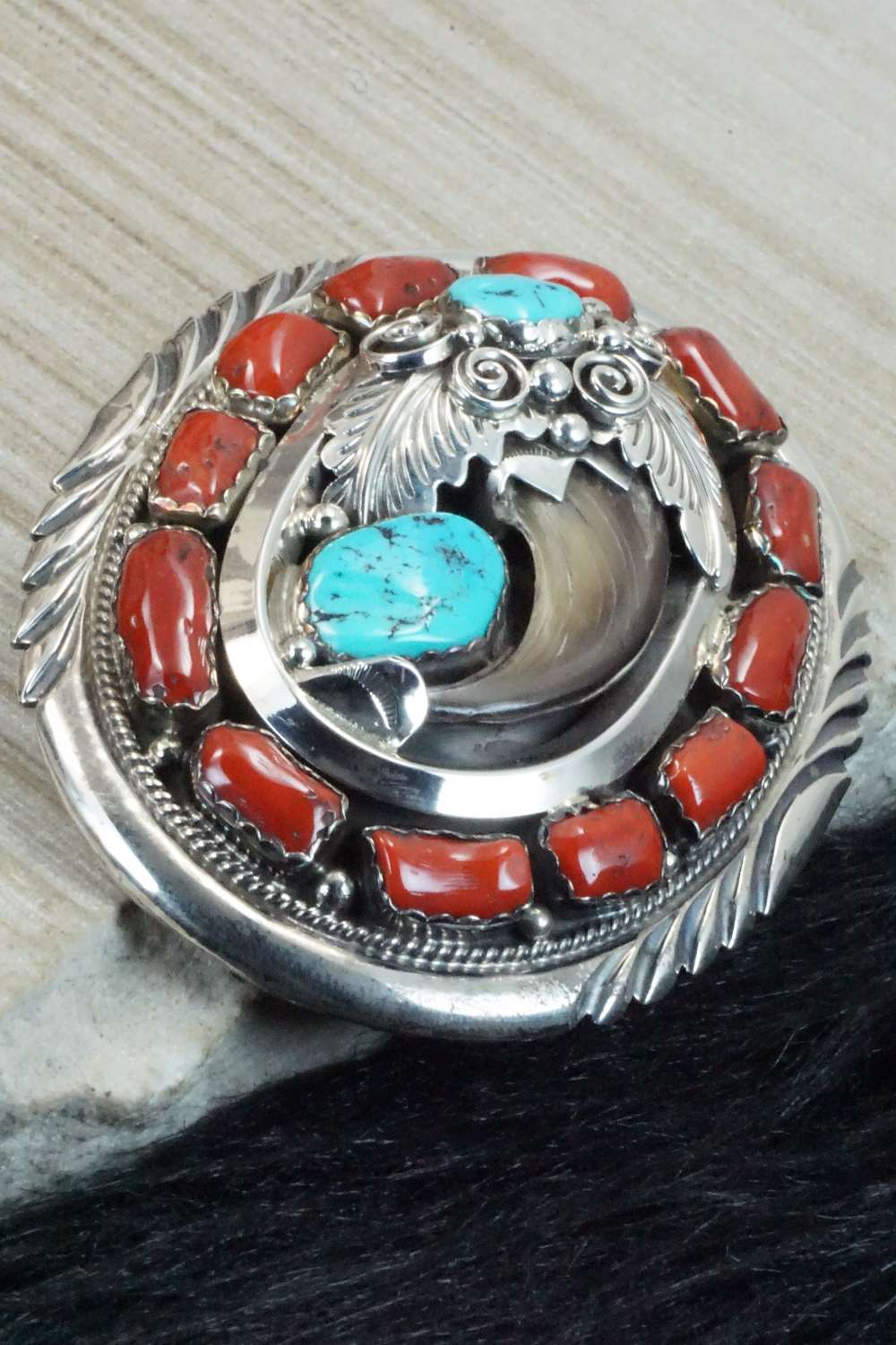 Coral, Turquoise & Sterling Silver Belt Buckle - J.W. Toadlena