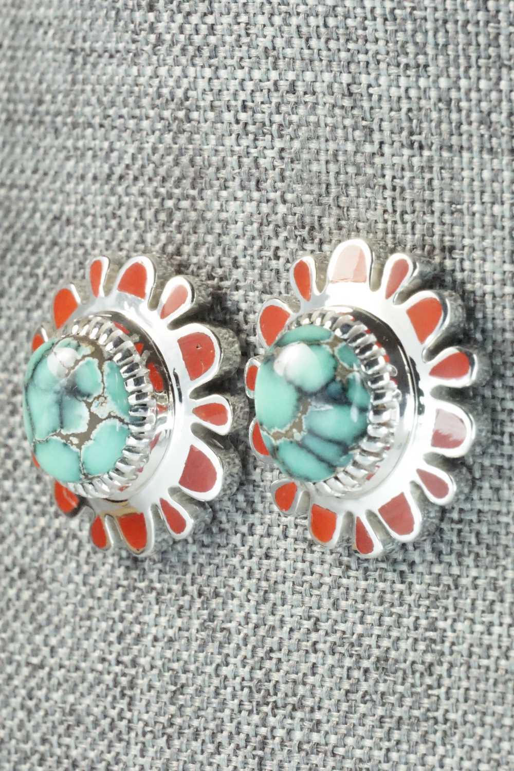 Coral, Variscite and Sterling Silver Earrings - Vernon Haskie