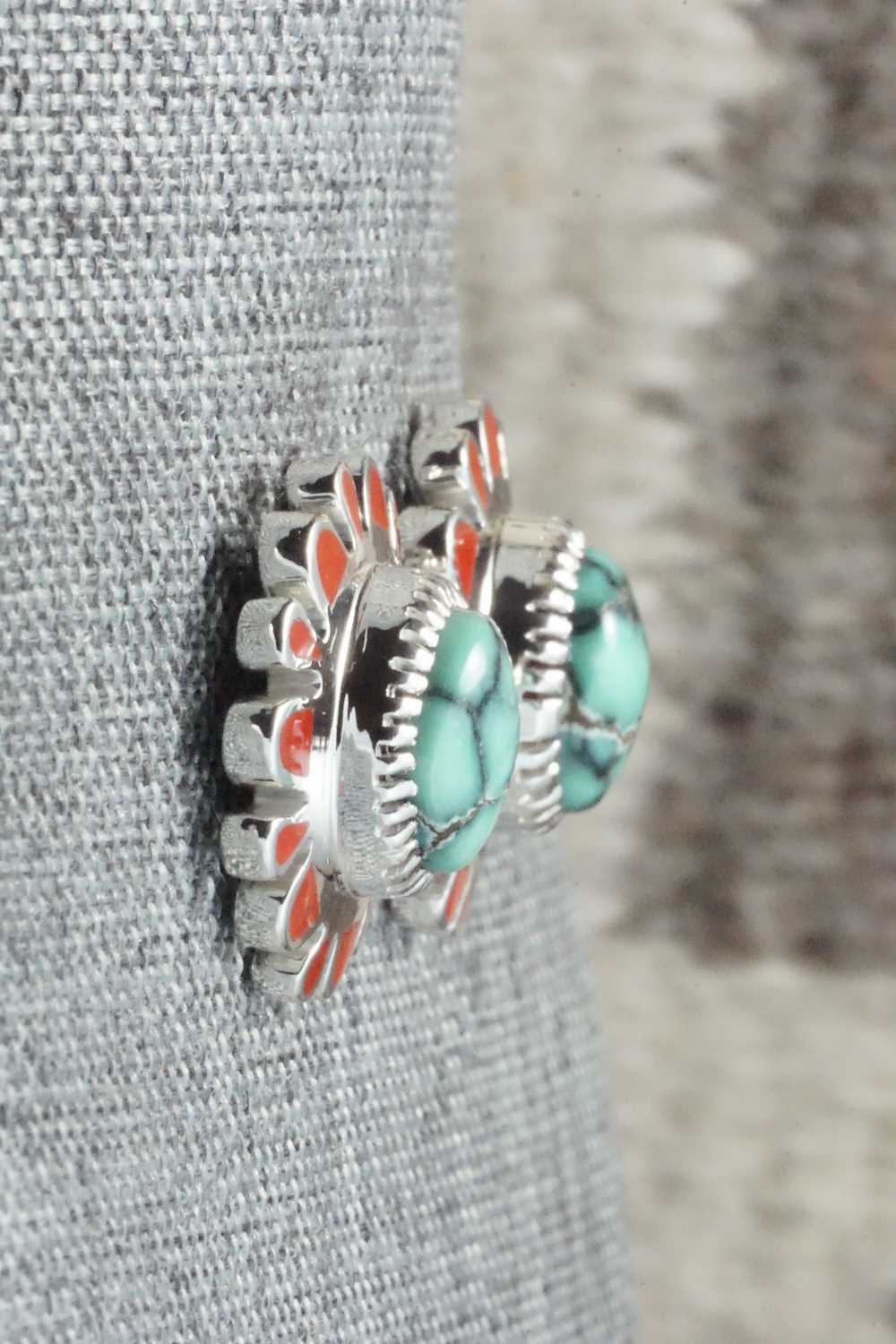 Coral, Variscite and Sterling Silver Earrings - Vernon Haskie