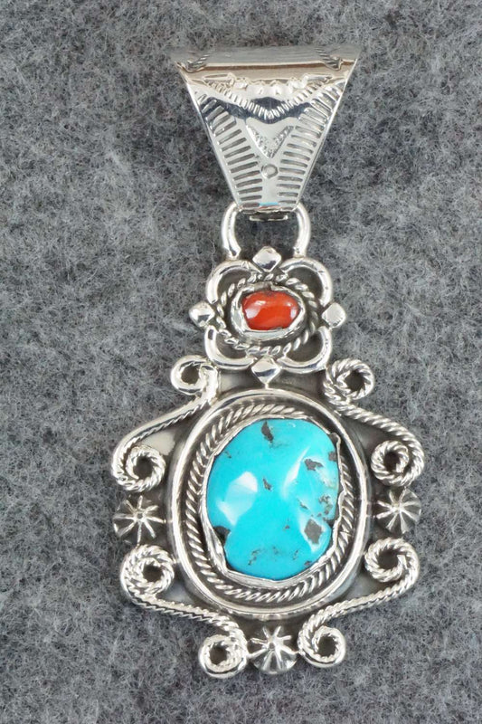 Turquoise, Coral & Sterling Silver Pendant - Sharon McCarthy