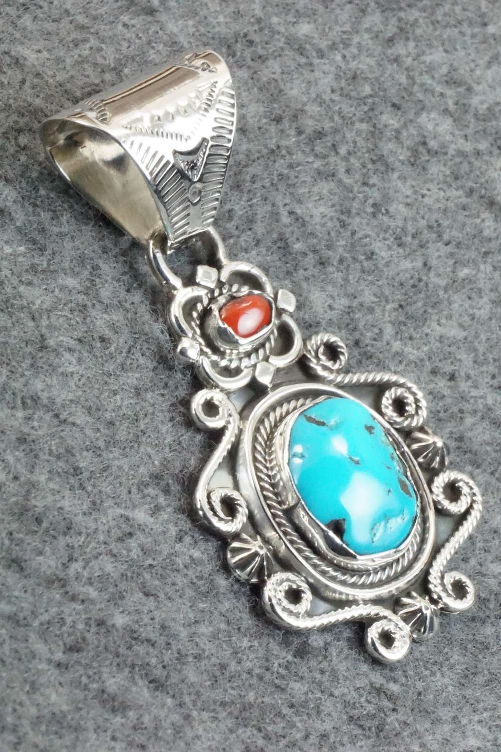 Turquoise, Coral & Sterling Silver Pendant - Sharon McCarthy