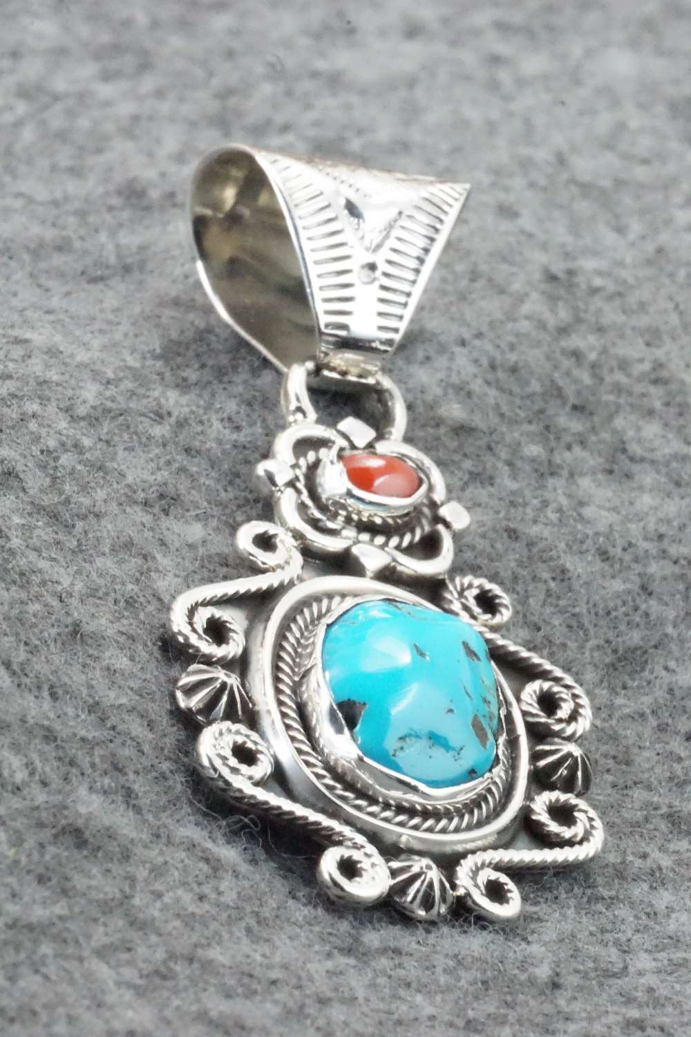 Turquoise, Coral & Sterling Silver Pendant - Sharon McCarthy