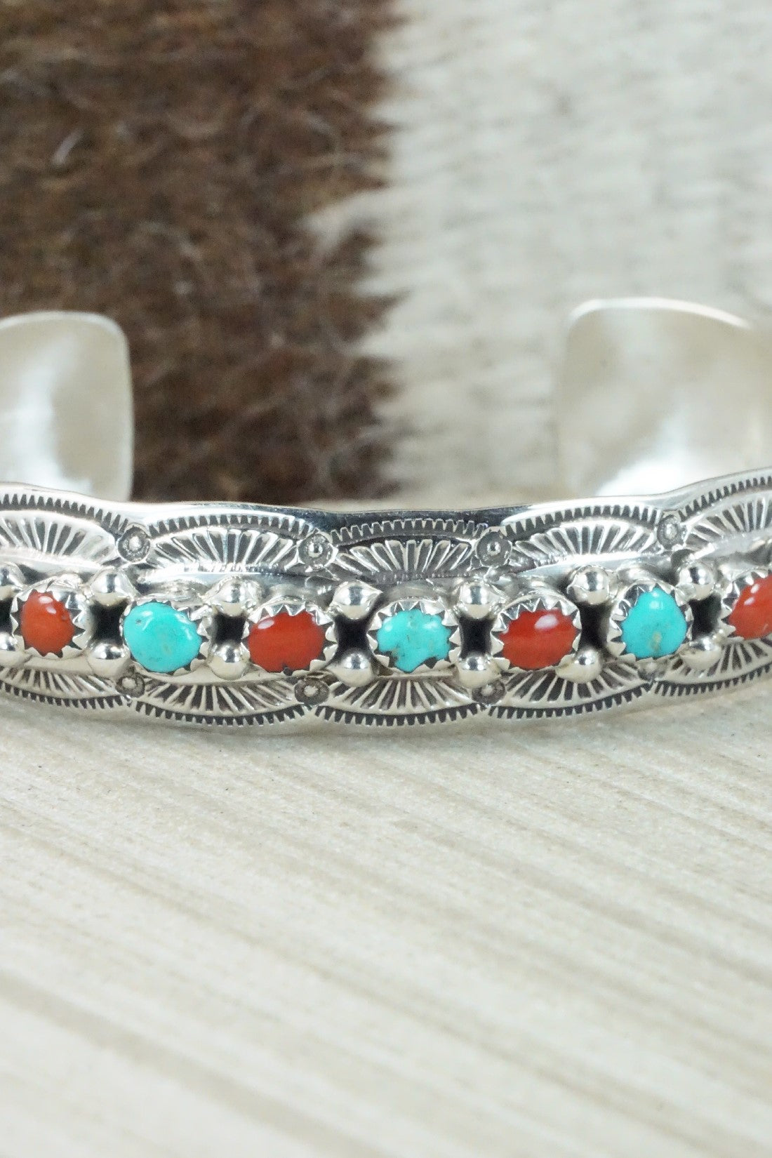 Turquoise, Coral & Sterling Silver Bracelet - Grace Silver