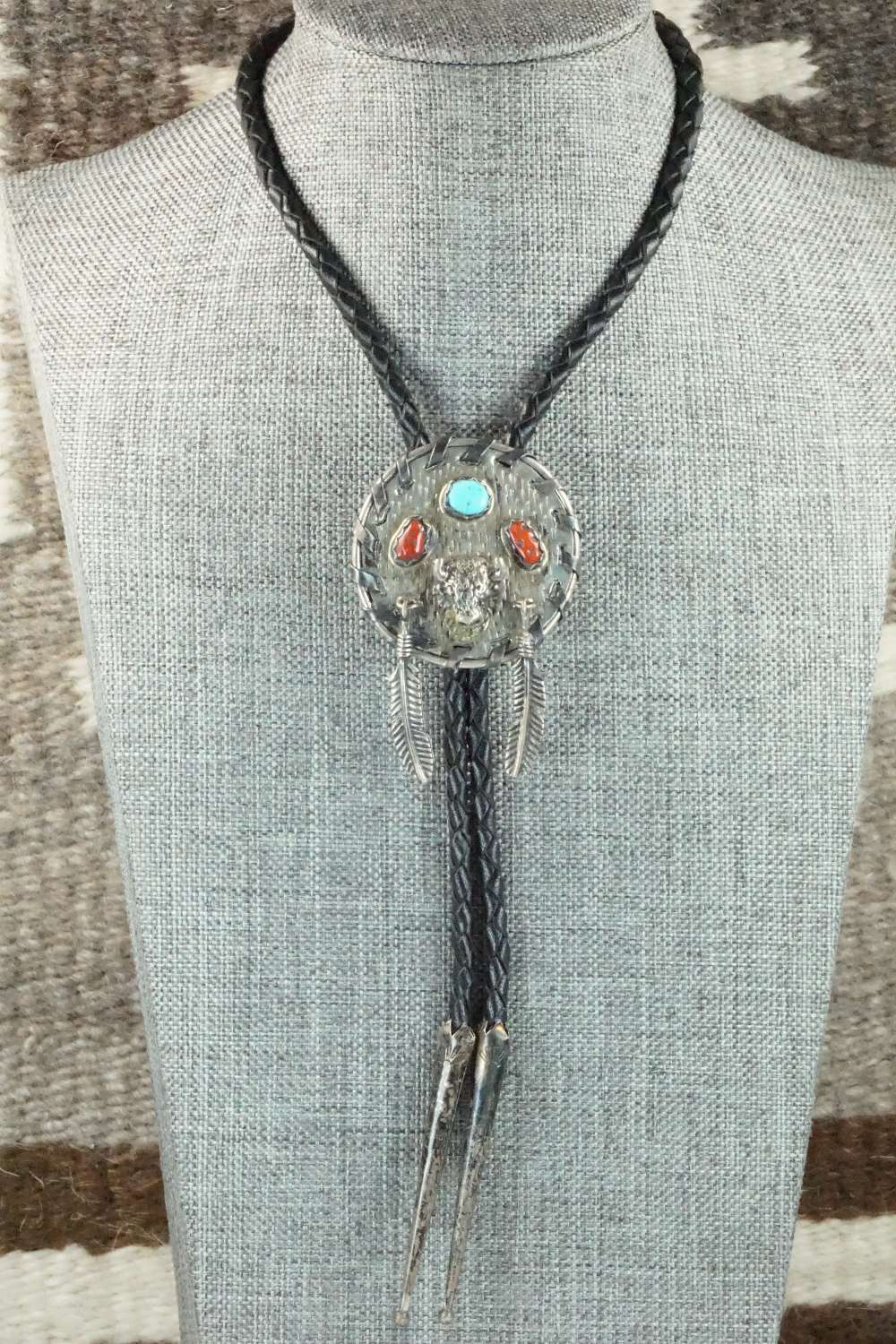 Coral, Turquoise & Sterling Silver Bolo Tie - Navajo
