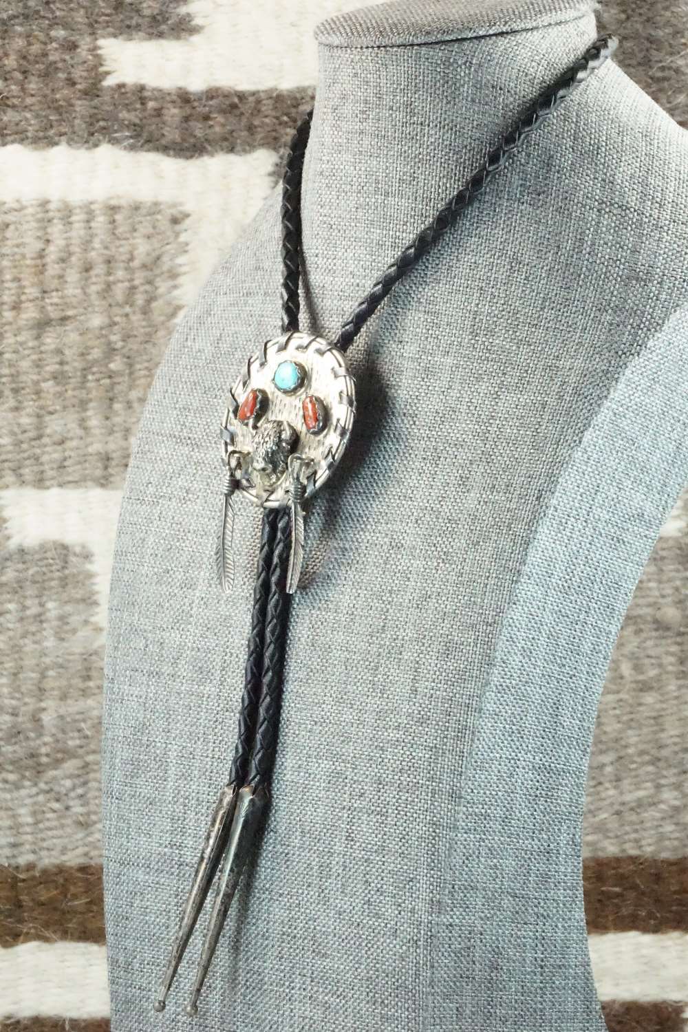 Coral, Turquoise & Sterling Silver Bolo Tie - Navajo