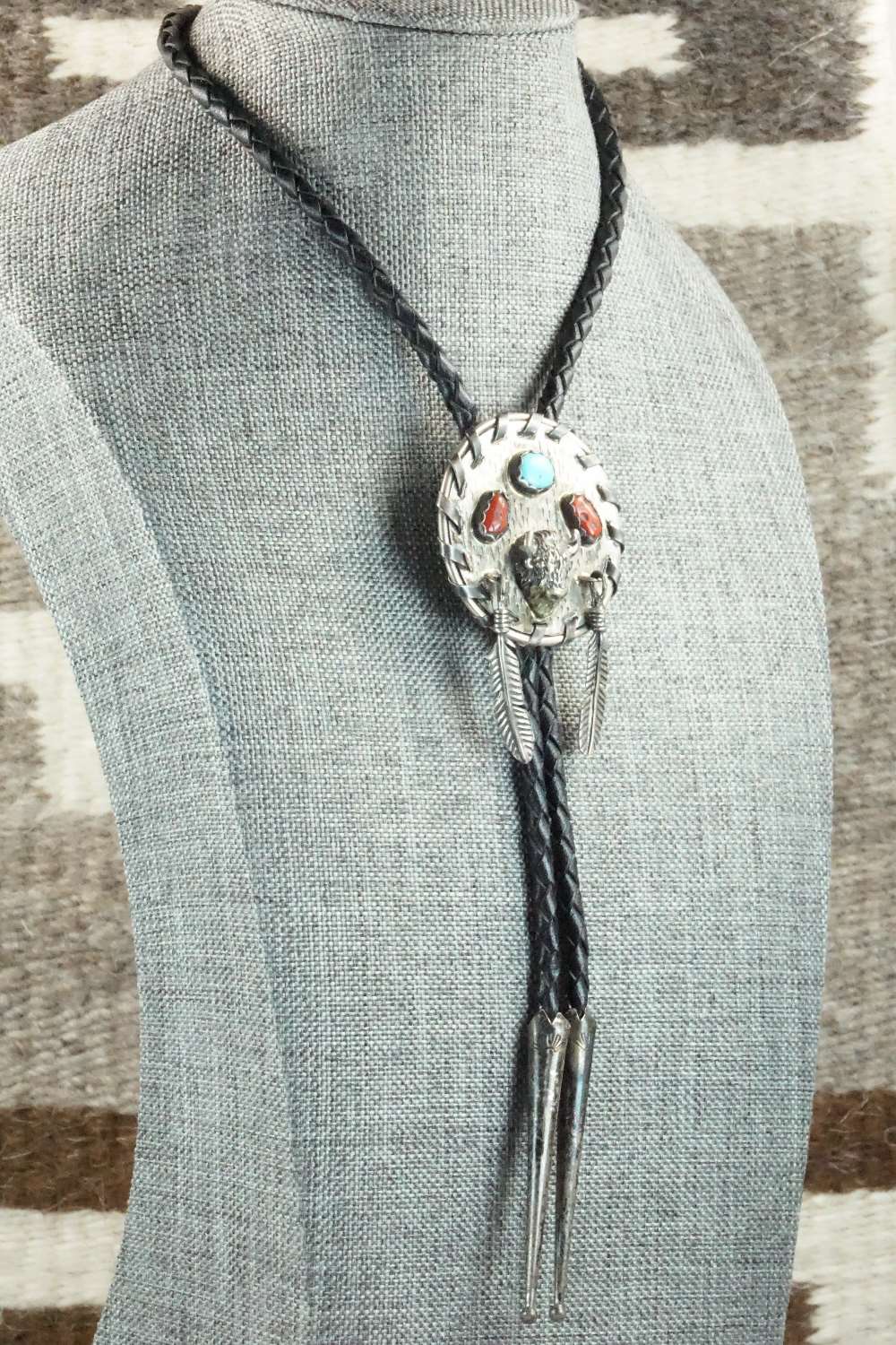 Coral, Turquoise & Sterling Silver Bolo Tie - Navajo