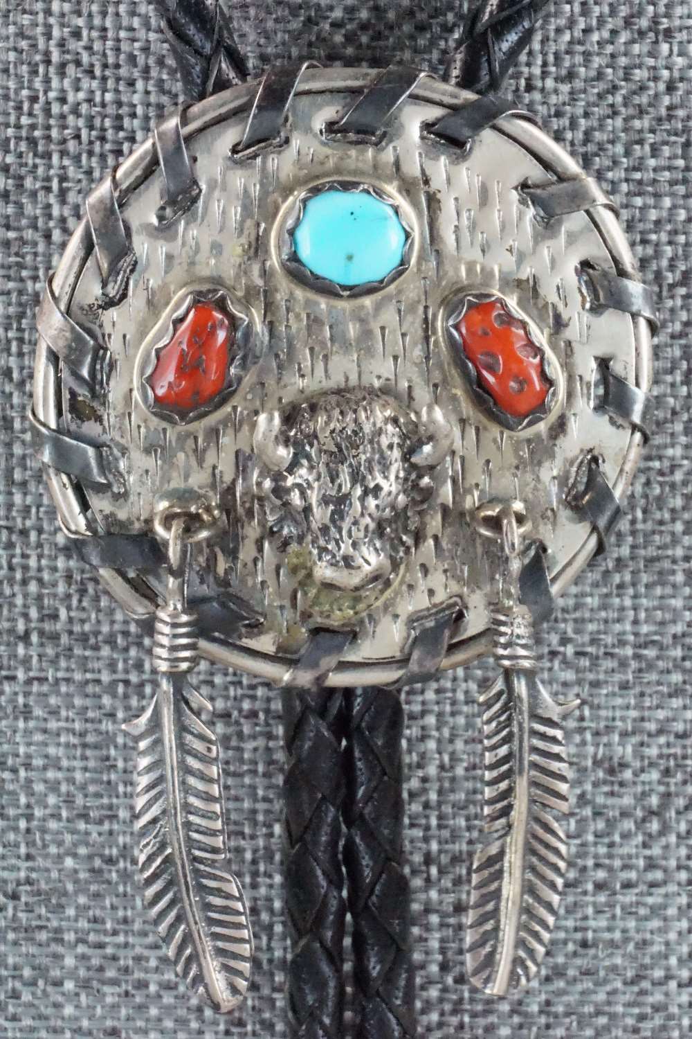 Coral, Turquoise & Sterling Silver Bolo Tie - Navajo