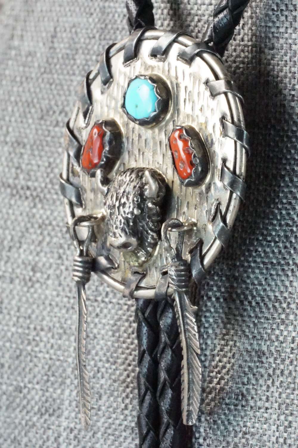 Coral, Turquoise & Sterling Silver Bolo Tie - Navajo