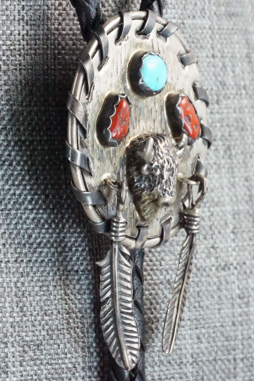 Coral, Turquoise & Sterling Silver Bolo Tie - Navajo
